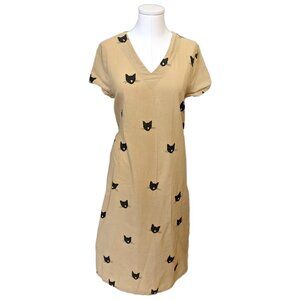 Miss Look Womens V Neck Cat Print T Shirt Dress Beige Summer Casual Comfy Sz L